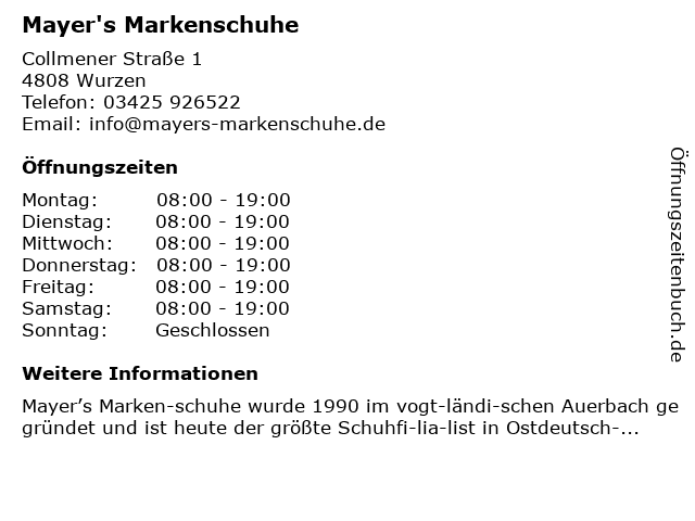 ᐅ Öffnungszeiten „Mayer's Markenschuhe“ | Collmener Straße ᐅ Öffnungszeiten „Mayer's Markenschuhe“ | Collmener Straße